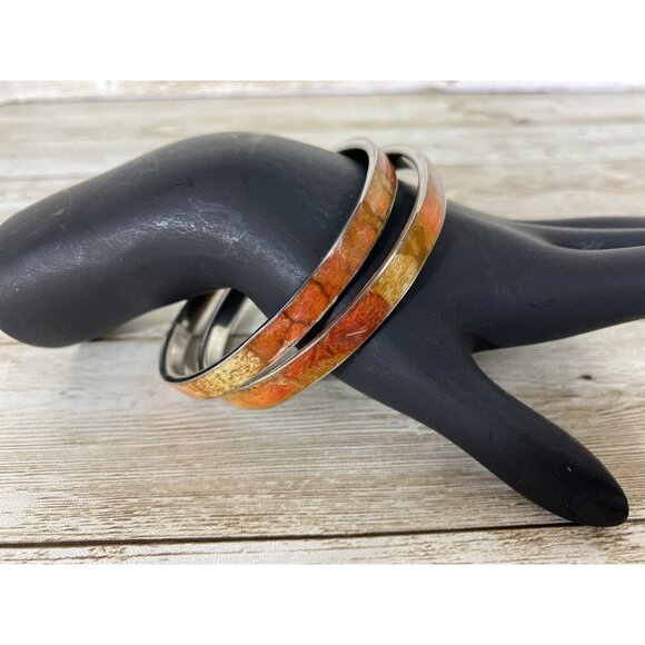 Silver Toned Enamel Bangle Bracelets Orange Fall Tones Vintage Pair - Picture 8 of 10
